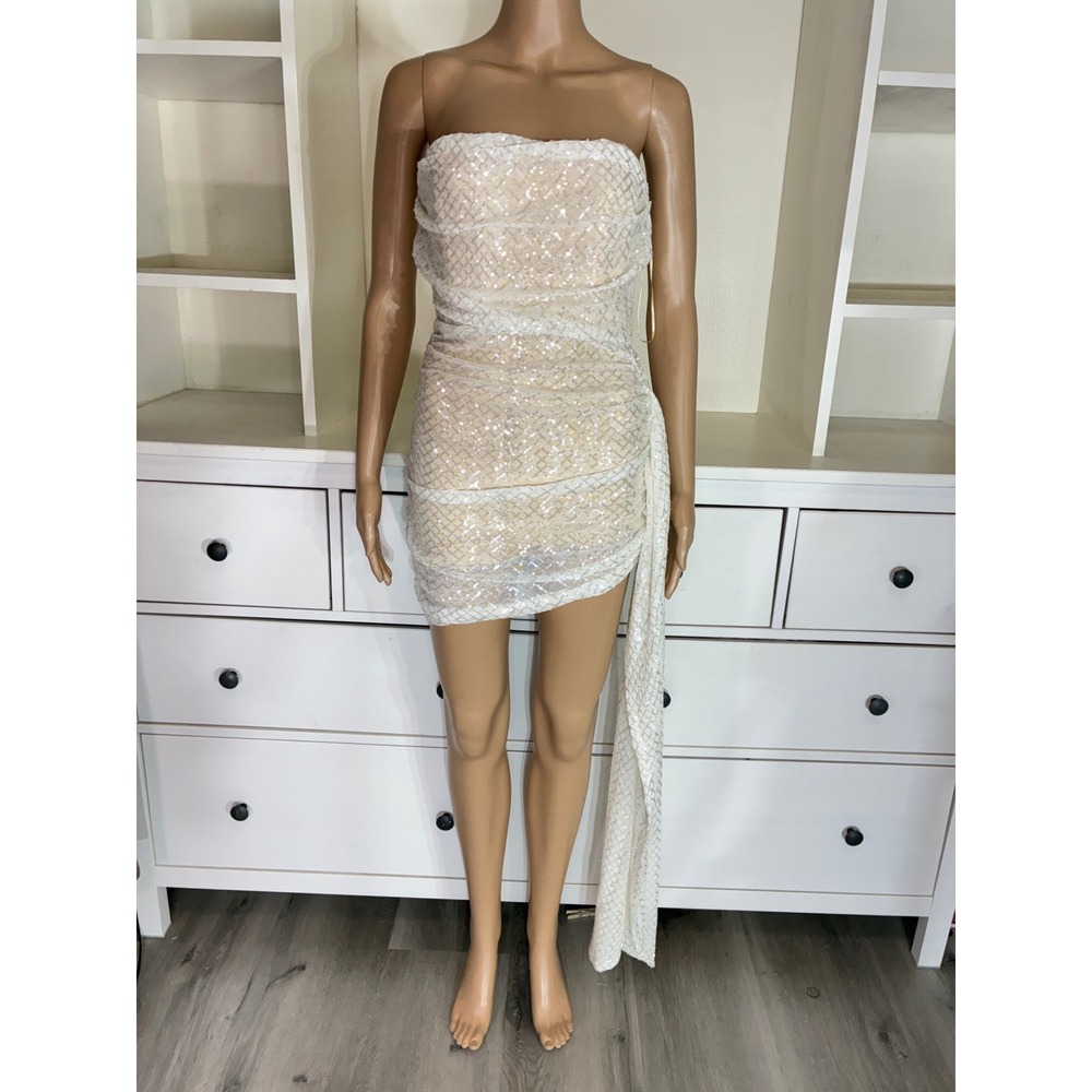 Fashion Nova Mini Dress Women Small Off White Lillian Draped Sequin Strapless